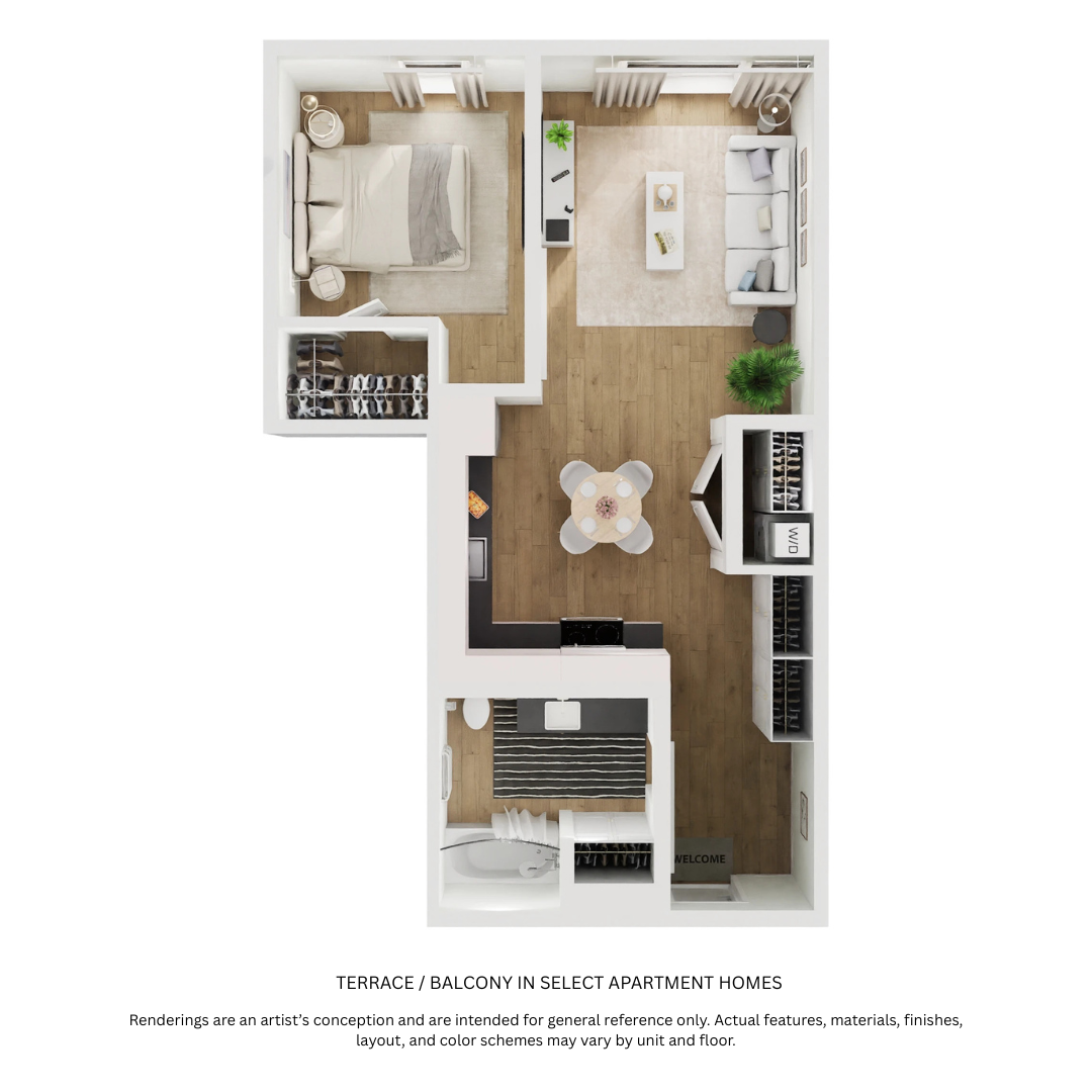 Floor plan for 1 bed, 1 bath, 696 sqft